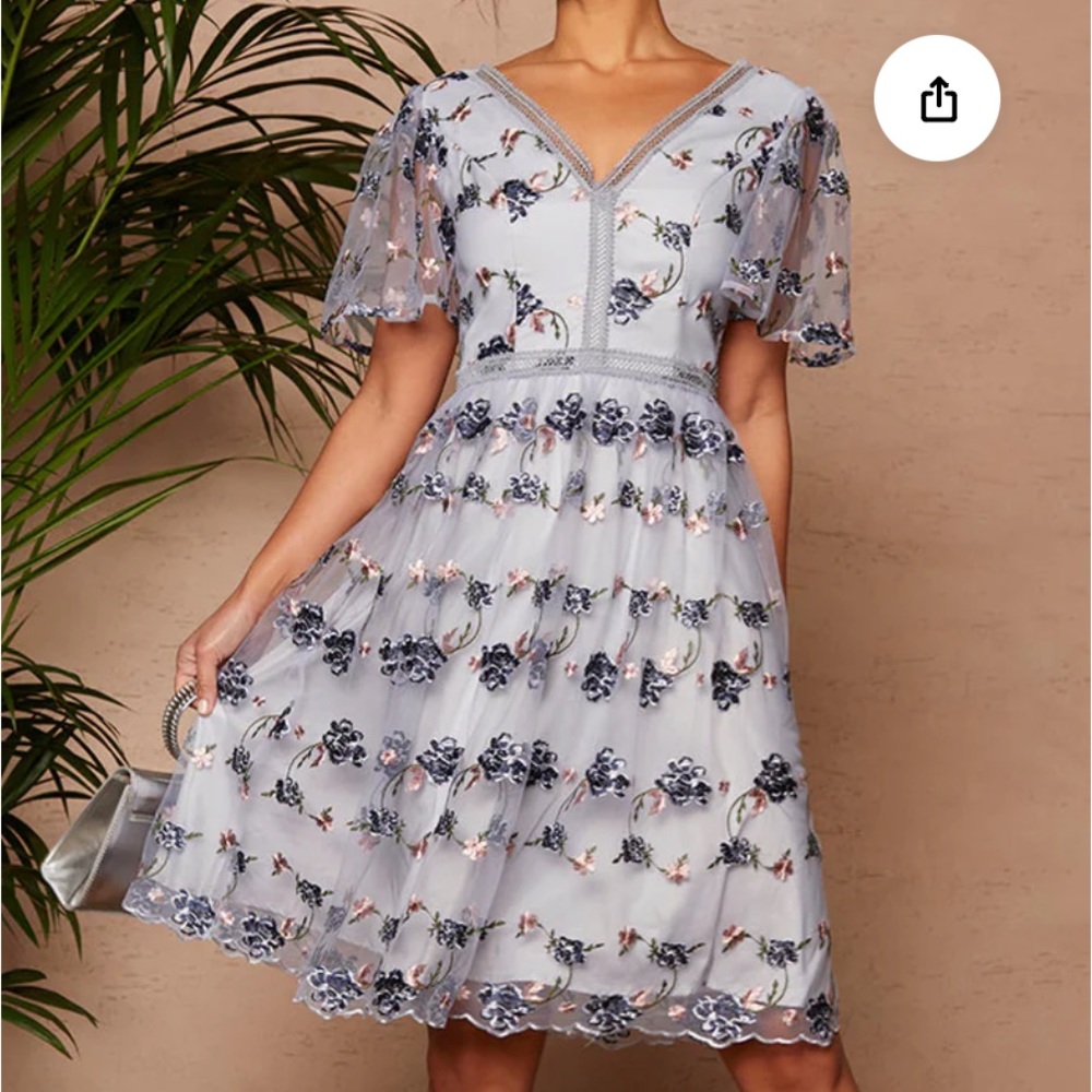 V Neck Floral Embroidered Lace Midi Dress in Blue, Chi Chi London